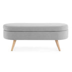 Banc de rangement ovale en lin avec pieds en bois d'hévéa Gris Blanc Beige
