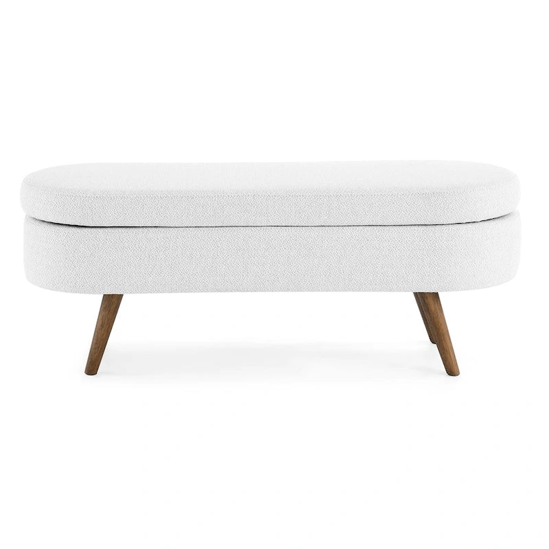 Banc de rangement ovale en lin avec pieds en bois d'hévéa Gris Blanc Beige