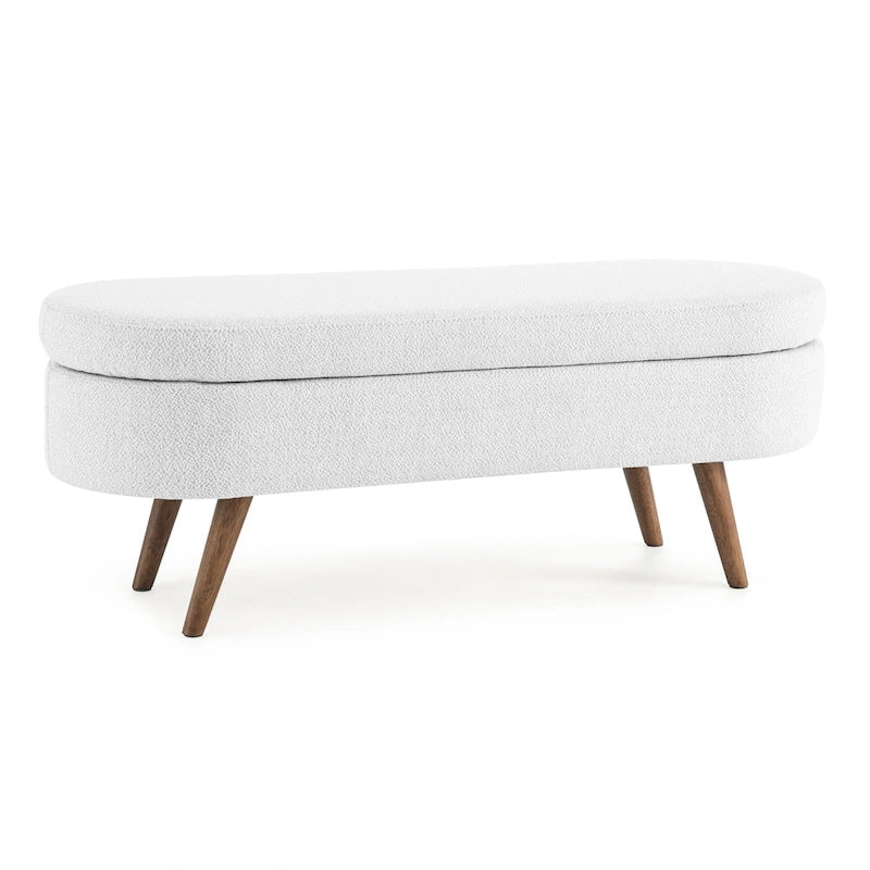 Banc de rangement ovale en lin avec pieds en bois d'hévéa Gris Blanc Beige