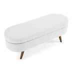 Banc de rangement ovale en lin avec pieds en bois d'hévéa Gris Blanc Beige