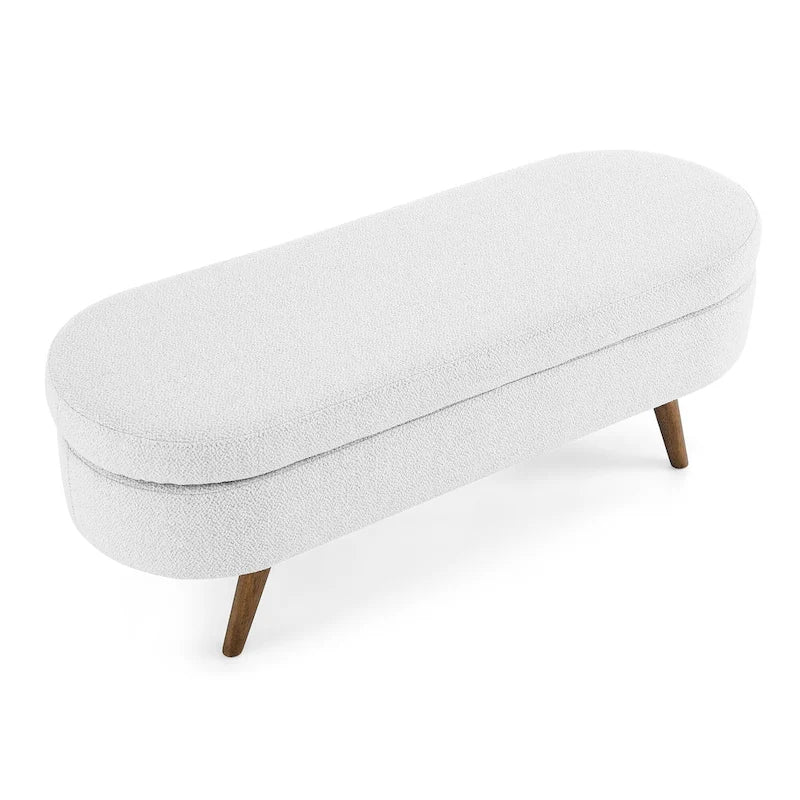 Banc de rangement ovale en lin avec pieds en bois d'hévéa Gris Blanc Beige