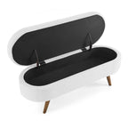 Banc de rangement ovale en lin avec pieds en bois d'hévéa Gris Blanc Beige