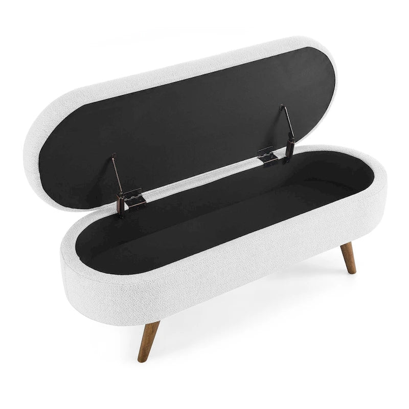 Banc de rangement ovale en lin avec pieds en bois d'hévéa Gris Blanc Beige
