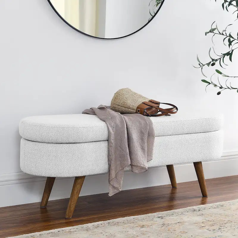 Banc de rangement ovale en lin avec pieds en bois d'hévéa Gris Blanc Beige