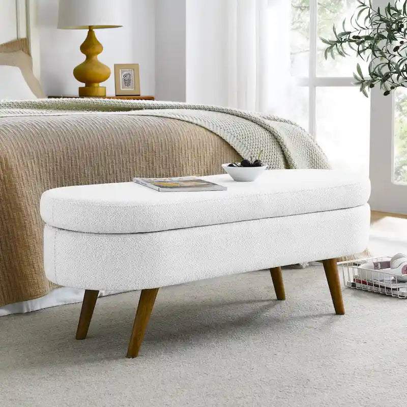 Banc de rangement ovale en lin avec pieds en bois d'hévéa Gris Blanc Beige