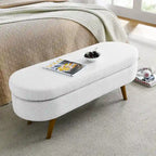 Banc de rangement ovale en lin avec pieds en bois d'hévéa Gris Blanc Beige