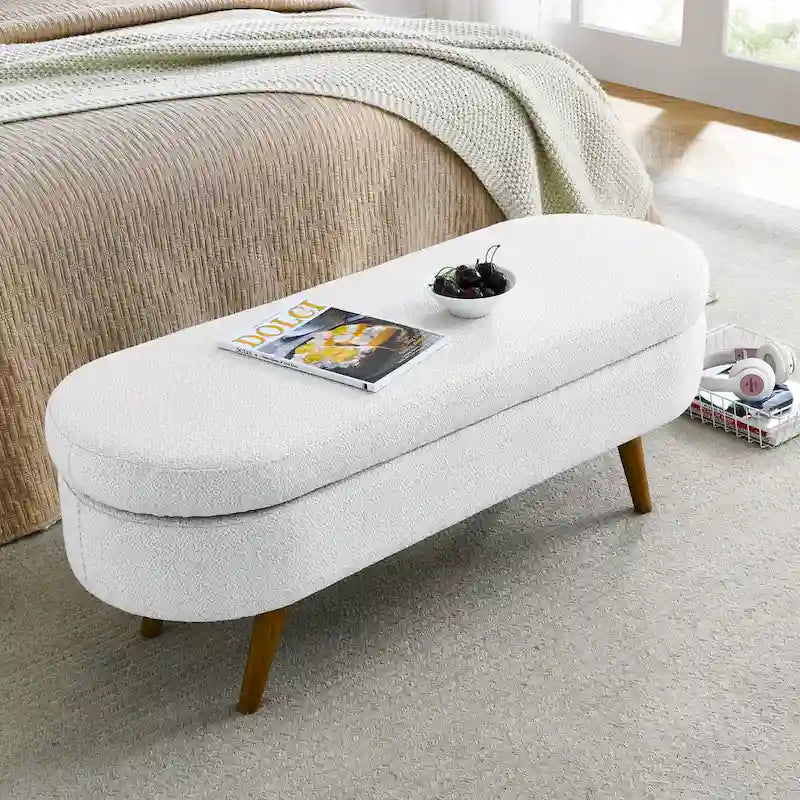 Banc de rangement ovale en lin avec pieds en bois d'hévéa Gris Blanc Beige