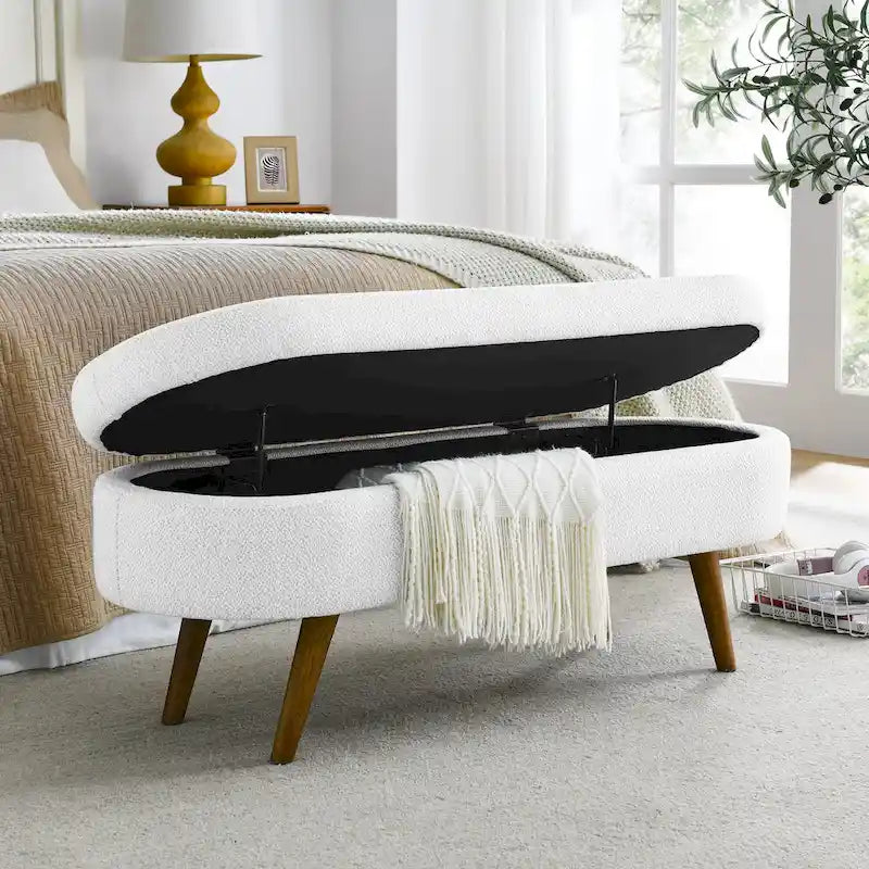 Banc de rangement ovale en lin avec pieds en bois d'hévéa Gris Blanc Beige