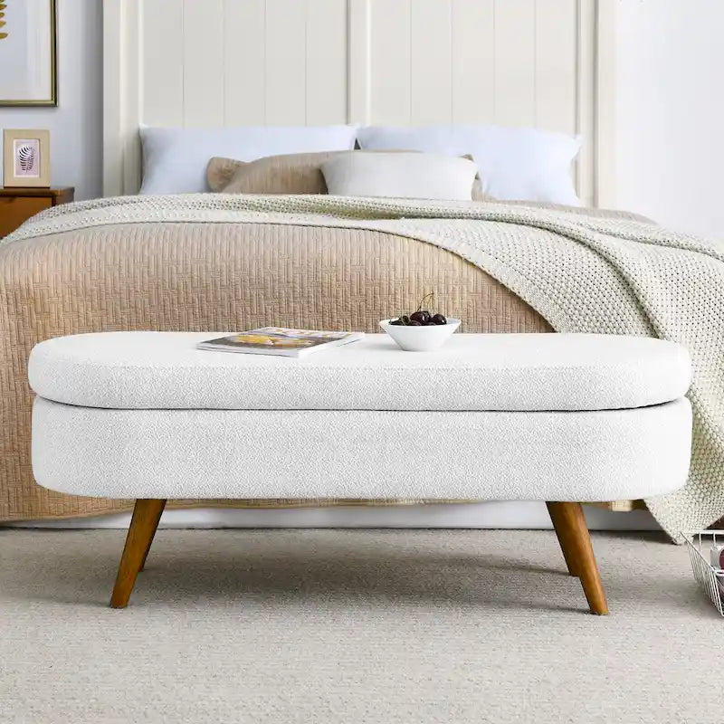 Banc de rangement ovale en lin avec pieds en bois d'hévéa Gris Blanc Beige