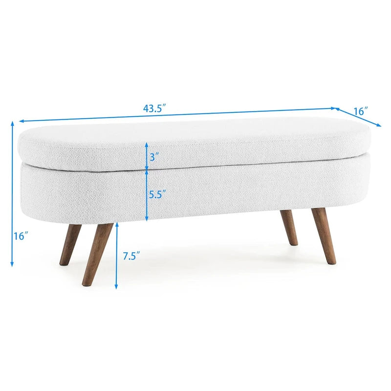 Banc de rangement ovale en lin avec pieds en bois d'hévéa Gris Blanc Beige
