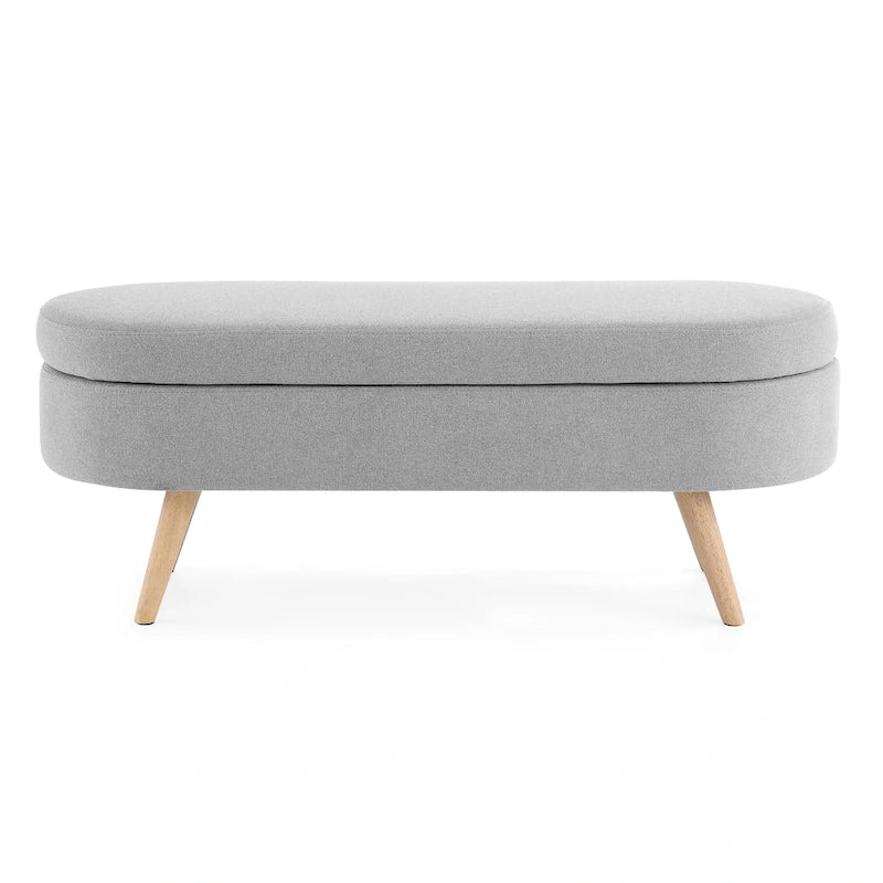 Banc de rangement ovale en lin avec pieds en bois d'hévéa Gris Blanc Beige