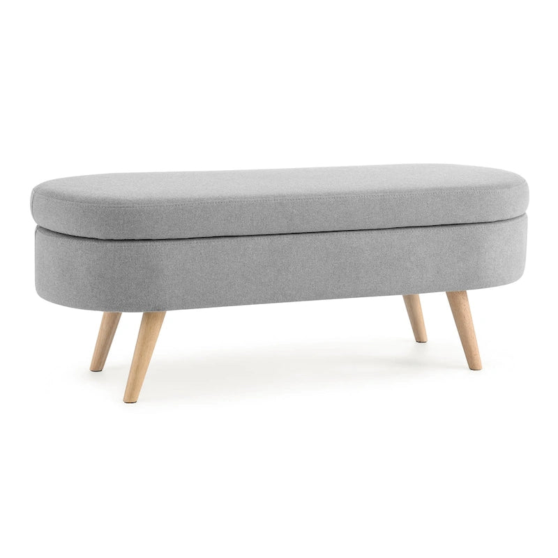 Banc de rangement ovale en lin avec pieds en bois d'hévéa Gris Blanc Beige