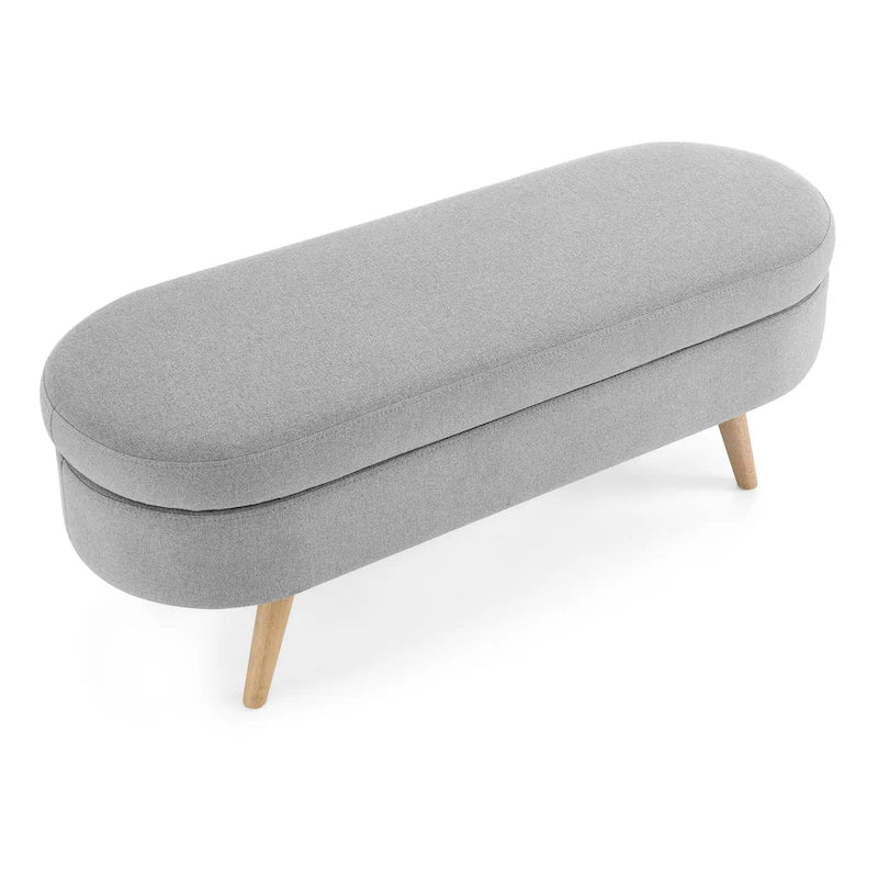 Banc de rangement ovale en lin avec pieds en bois d'hévéa Gris Blanc Beige