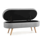 Banc de rangement ovale en lin avec pieds en bois d'hévéa Gris Blanc Beige