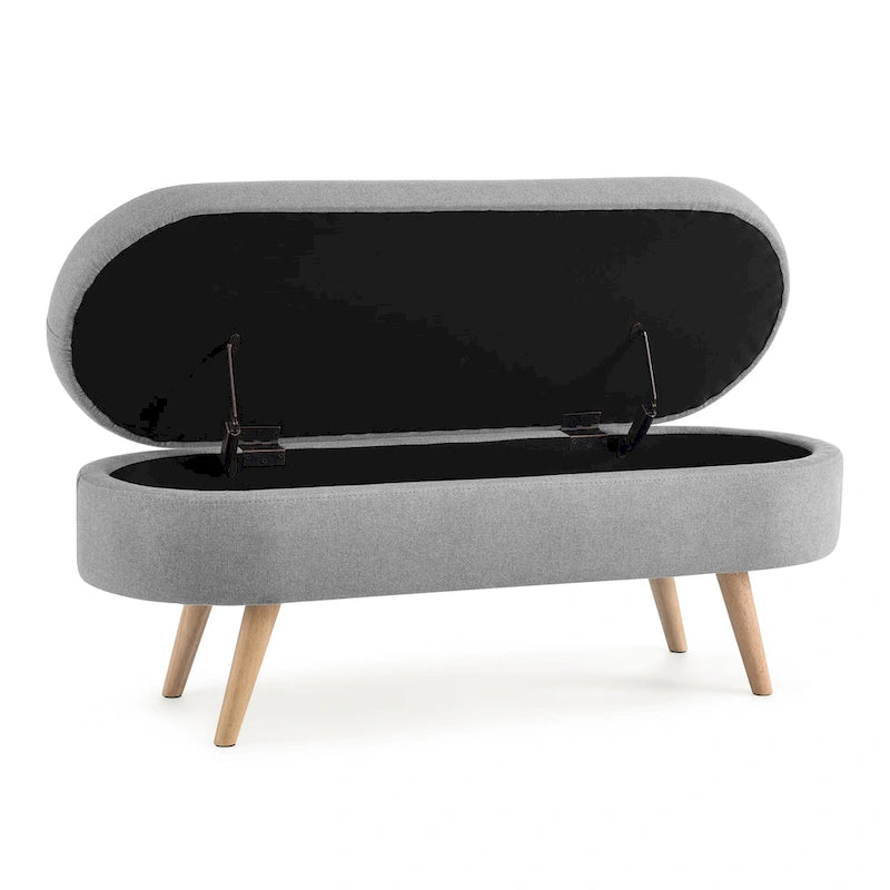 Banc de rangement ovale en lin avec pieds en bois d'hévéa Gris Blanc Beige
