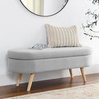 Banc de rangement ovale en lin avec pieds en bois d'hévéa Gris Blanc Beige