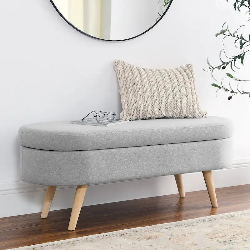 Banc de rangement ovale en lin avec pieds en bois d'hévéa Gris Blanc Beige
