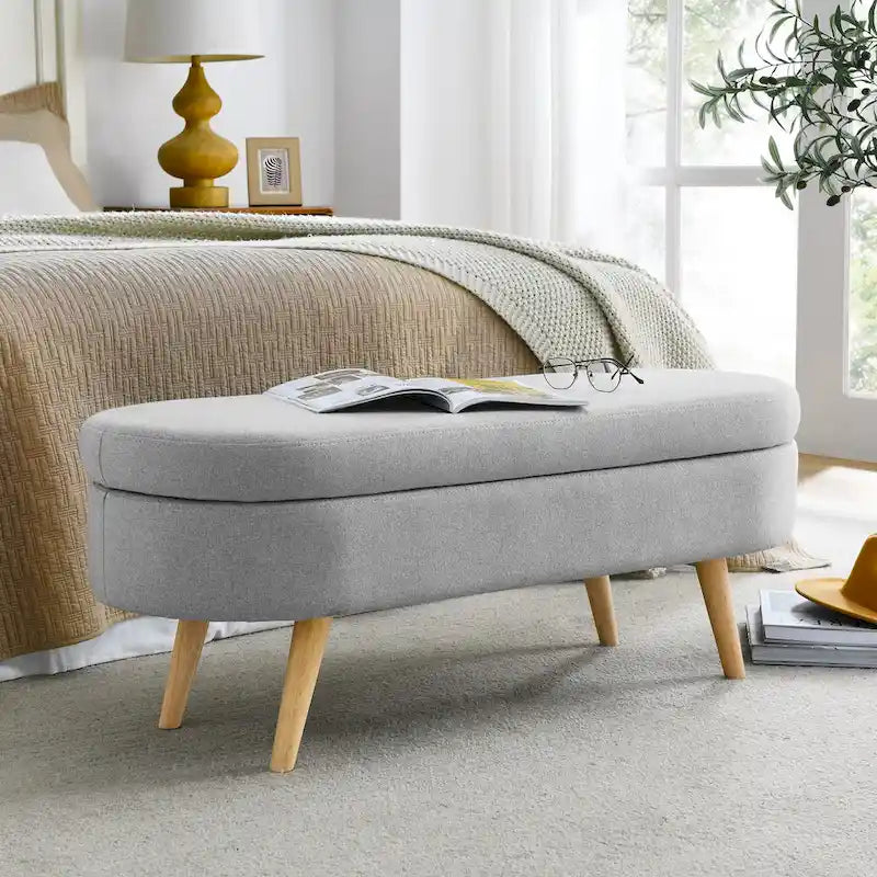 Banc de rangement ovale en lin avec pieds en bois d'hévéa Gris Blanc Beige