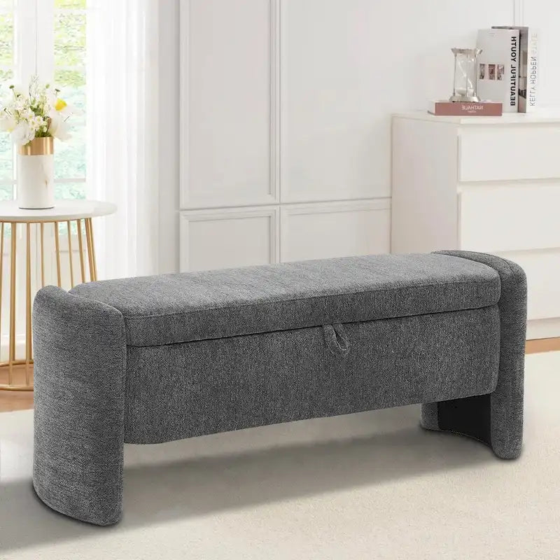 Banc de rangement capitonné en tissu chenille avec compartiment caché à couvercle relevable gris
