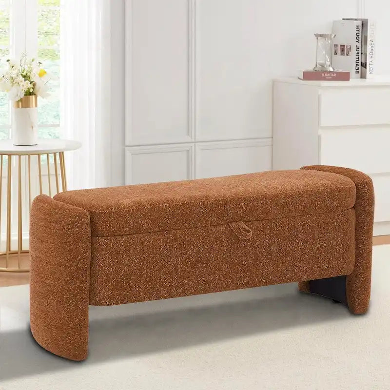 Banc de rangement capitonné en tissu chenille avec compartiment caché à couvercle relevable gris