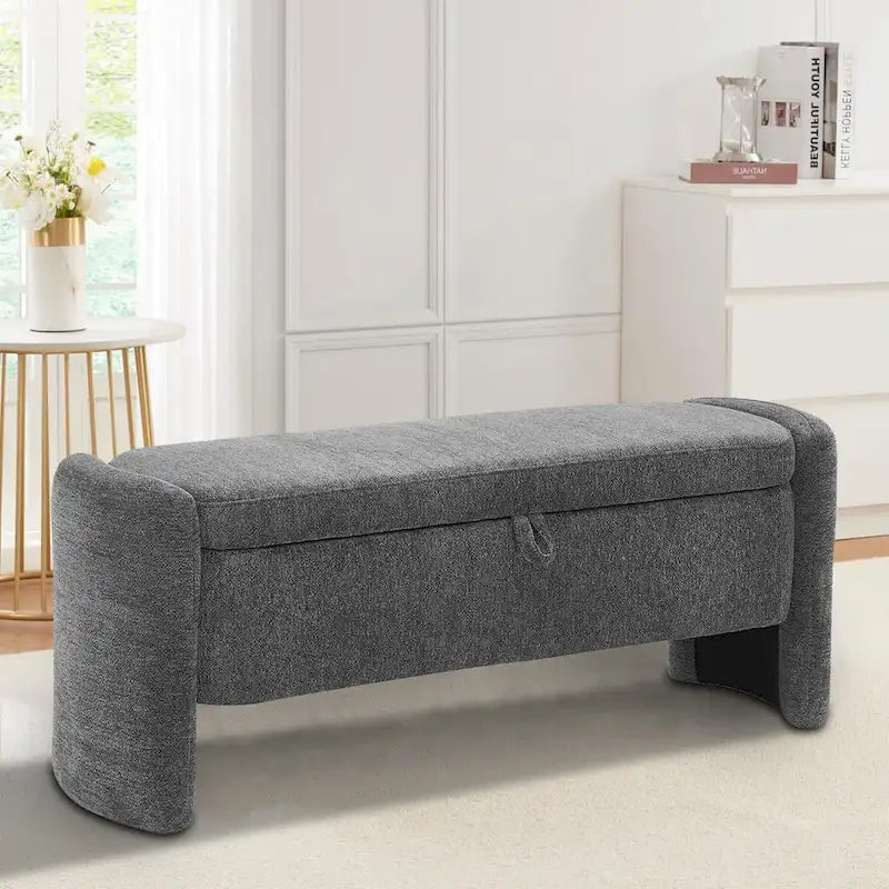 Banc de rangement capitonné en tissu chenille avec compartiment caché à couvercle relevable gris