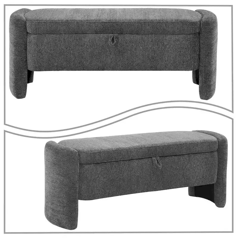 Banc de rangement capitonné en tissu chenille avec compartiment caché à couvercle relevable gris