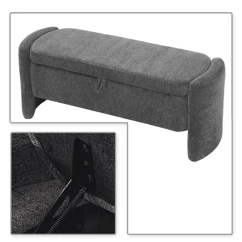 Banc de rangement capitonné en tissu chenille avec compartiment caché à couvercle relevable gris