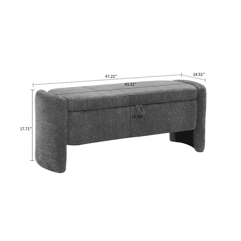 Banc de rangement capitonné en tissu chenille avec compartiment caché à couvercle relevable gris