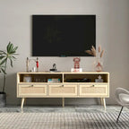 Modern Rattan TV Stand with Solid Wood Feet