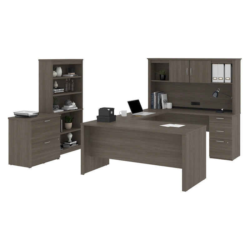 Bureau de Direction en U 66" avec Huche Fini Gris Écorce