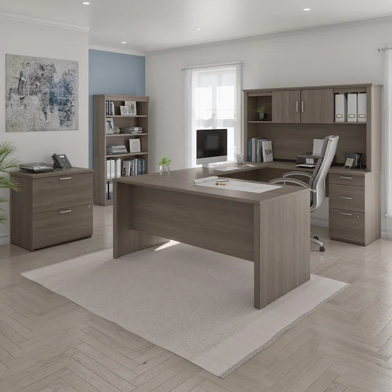 Bureau de Direction en U 66" avec Huche Fini Gris Écorce