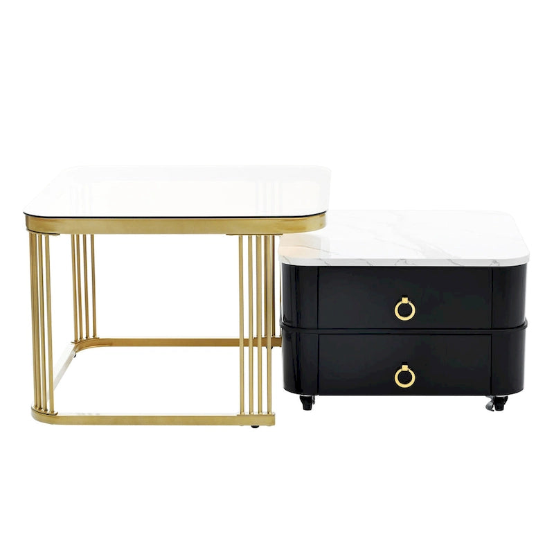 Table d'appoint carrée moderne avec roulettes et tiroir, Noir / Blanc Or