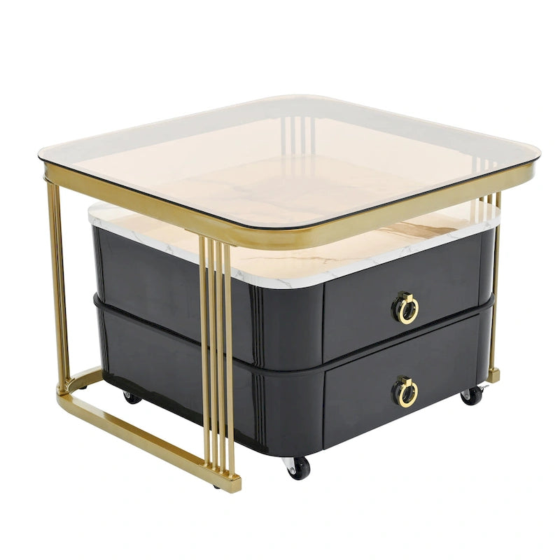 Table d'appoint carrée moderne avec roulettes et tiroir, Noir / Blanc Or