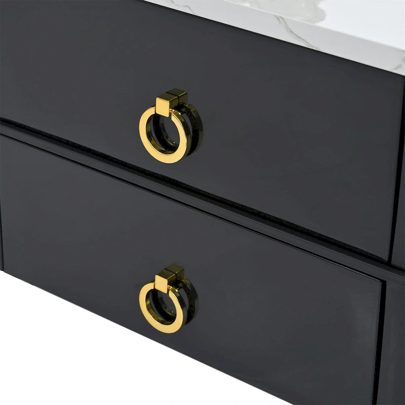 Table d'appoint carrée moderne avec roulettes et tiroir, Noir / Blanc Or