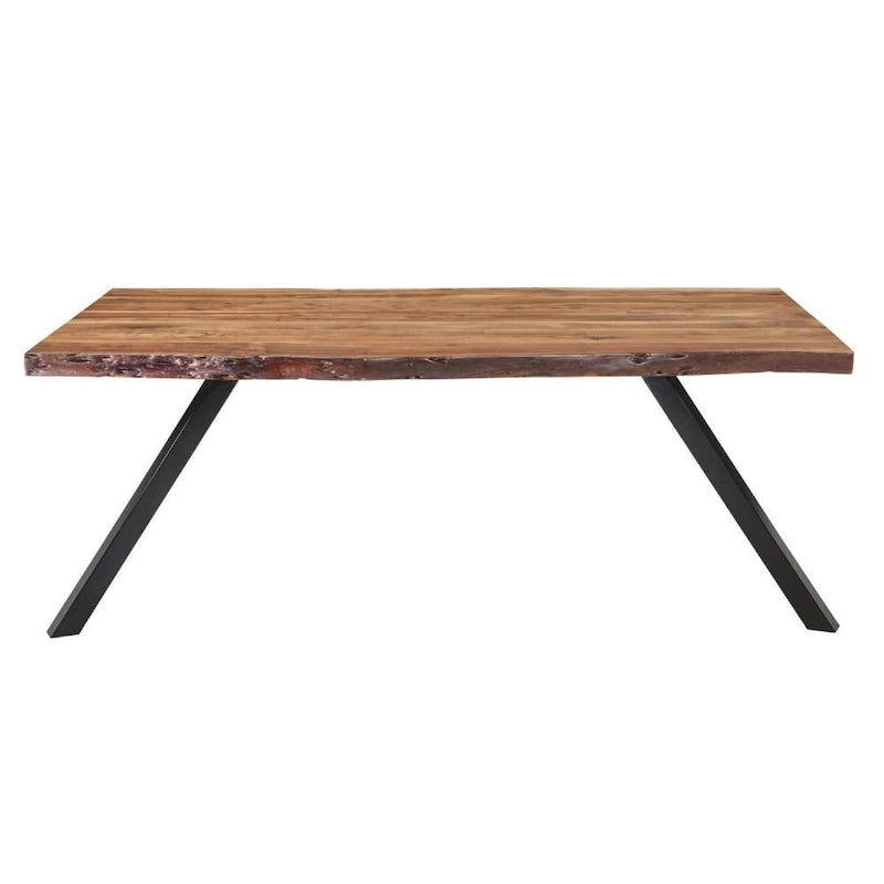 Table à manger en bois d'acacia massif avec bords naturels et pieds en métal noir, marron