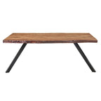 Table à manger en bois d'acacia massif avec bords naturels et pieds en métal noir, marron