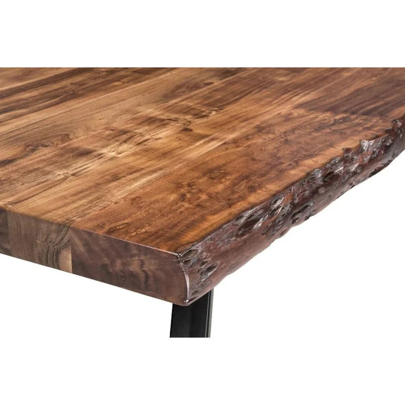 Table à manger en bois d'acacia massif avec bords naturels et pieds en métal noir, marron