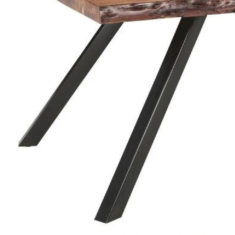 Table à manger en bois d'acacia massif avec bords naturels et pieds en métal noir, marron