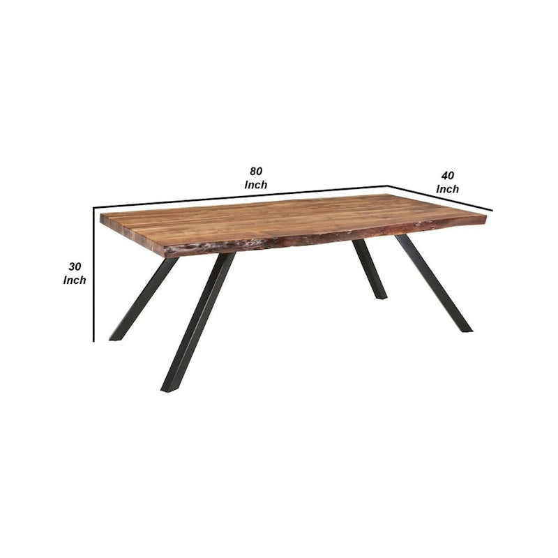 Table à manger en bois d'acacia massif avec bords naturels et pieds en métal noir, marron
