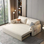Canapé-lit pliable beige avec poches de rangement latérales en mousse haute densité