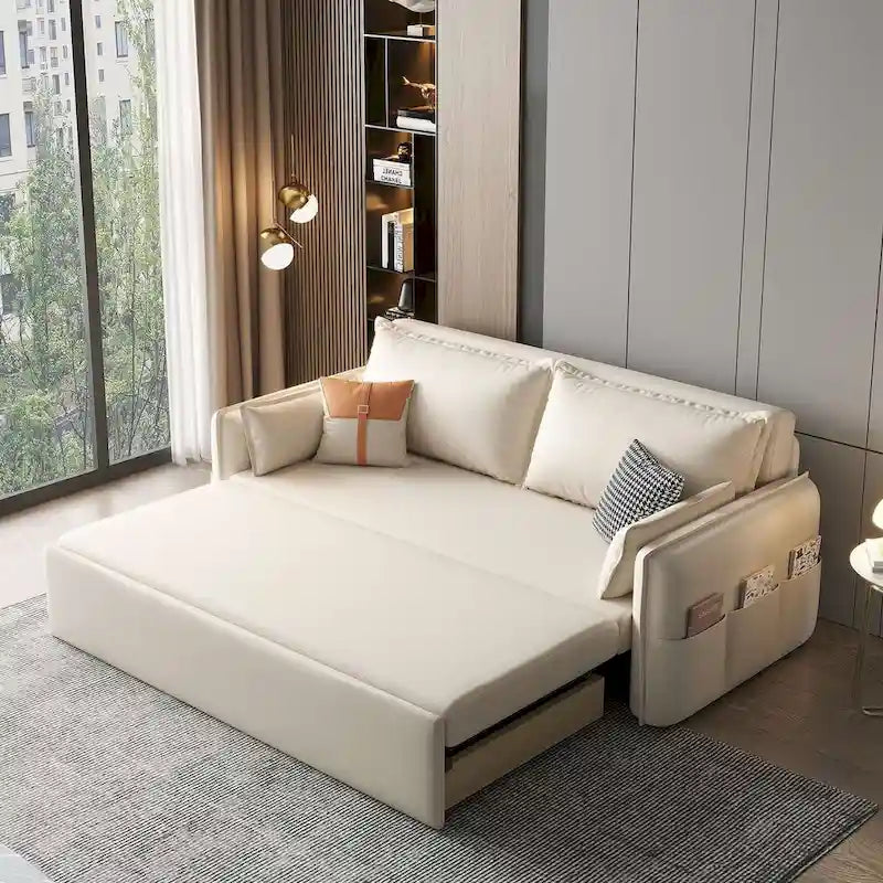Canapé-lit pliable beige avec poches de rangement latérales en mousse haute densité