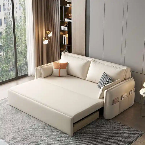Canapé-lit pliable beige avec poches de rangement latérales en mousse haute densité
