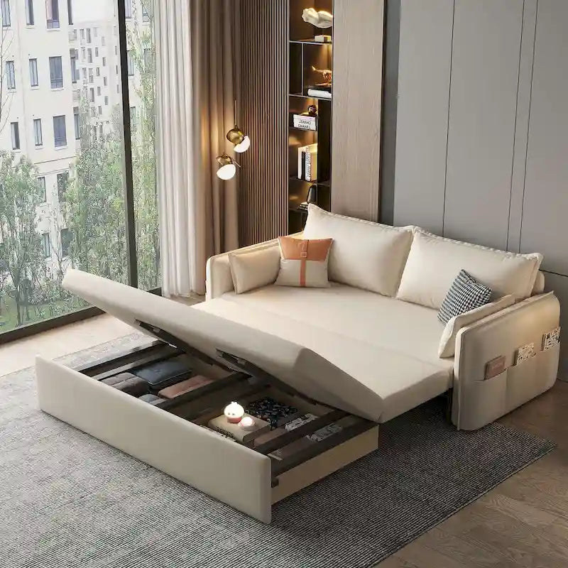 Canapé-lit pliable beige avec poches de rangement latérales en mousse haute densité
