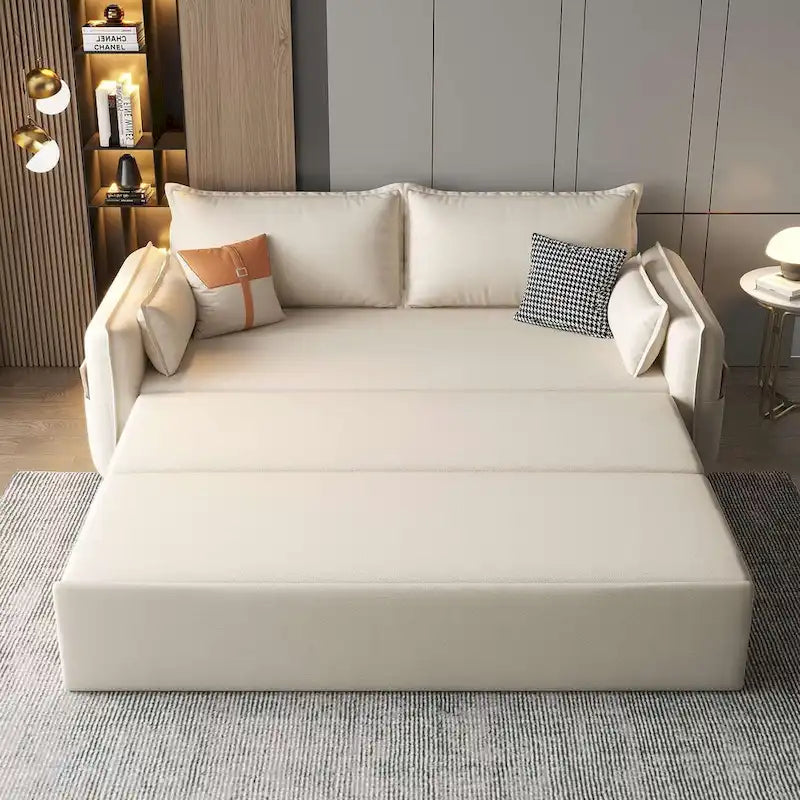 Canapé-lit pliable beige avec poches de rangement latérales en mousse haute densité