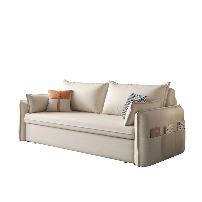 Canapé-lit pliable beige avec poches de rangement latérales en mousse haute densité