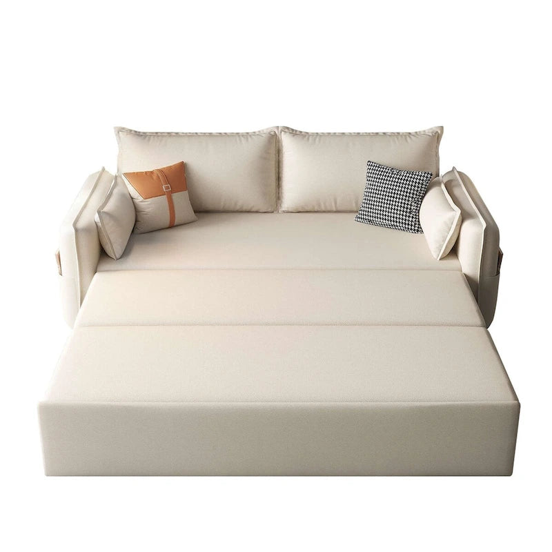 Canapé-lit pliable beige avec poches de rangement latérales en mousse haute densité