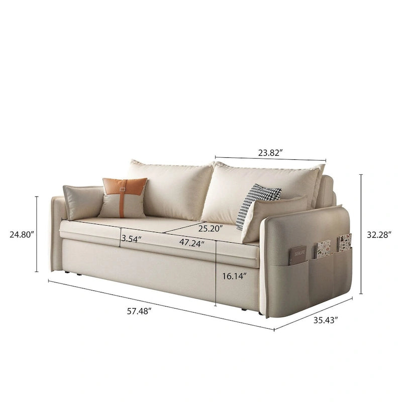 Canapé-lit pliable beige avec poches de rangement latérales en mousse haute densité