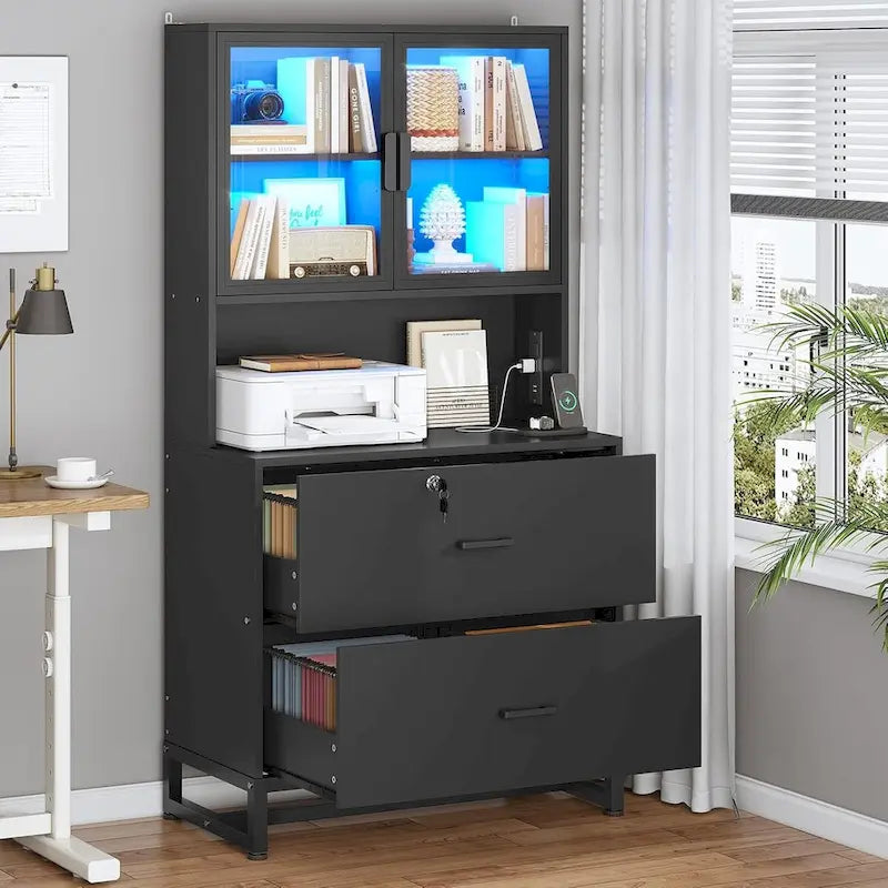 Classeur en bois avec serrure, étagère avec affichage LED, station de charge, organisateur de rangement latéral, blanc noir