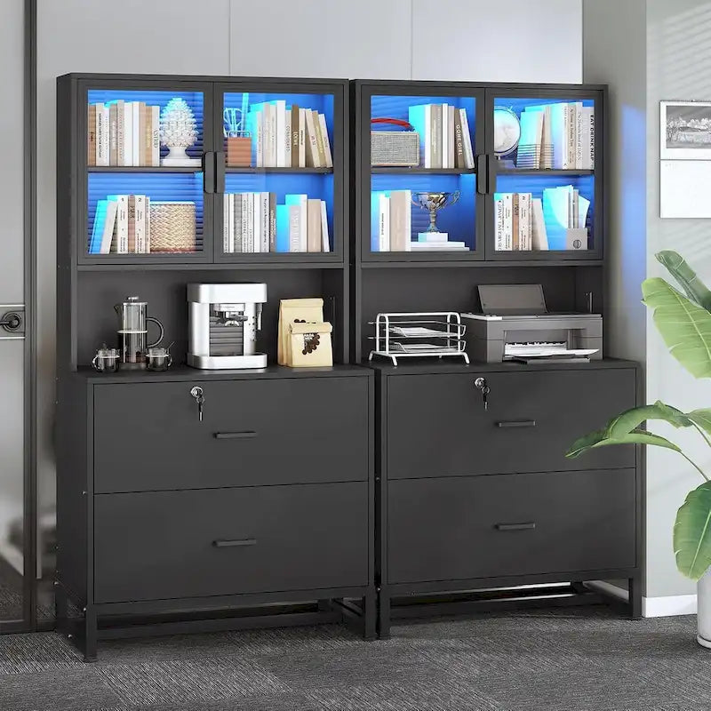 Classeur en bois avec serrure, étagère avec affichage LED, station de charge, organisateur de rangement latéral, blanc noir