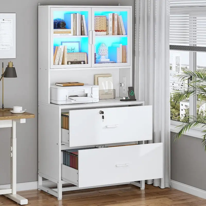 Classeur en bois avec serrure, étagère avec affichage LED, station de charge, organisateur de rangement latéral, blanc noir